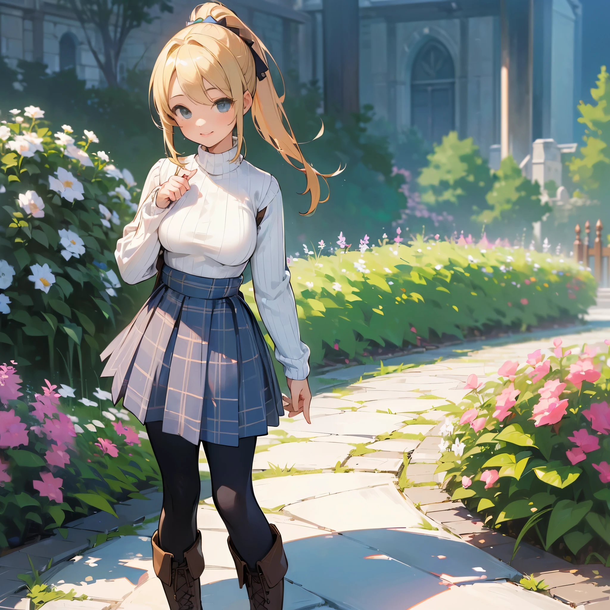 (high quality, high resolution, Super detailed, Reality:1.37), peaceful atmosphere, (outdoor, garden), Teenage girl standing alone, (My breasts are big.), Beautiful detailed features, cute smile, (Blonde ponytail), ribbed sweater, blue plaid skirt, Black tights, brown boots.
