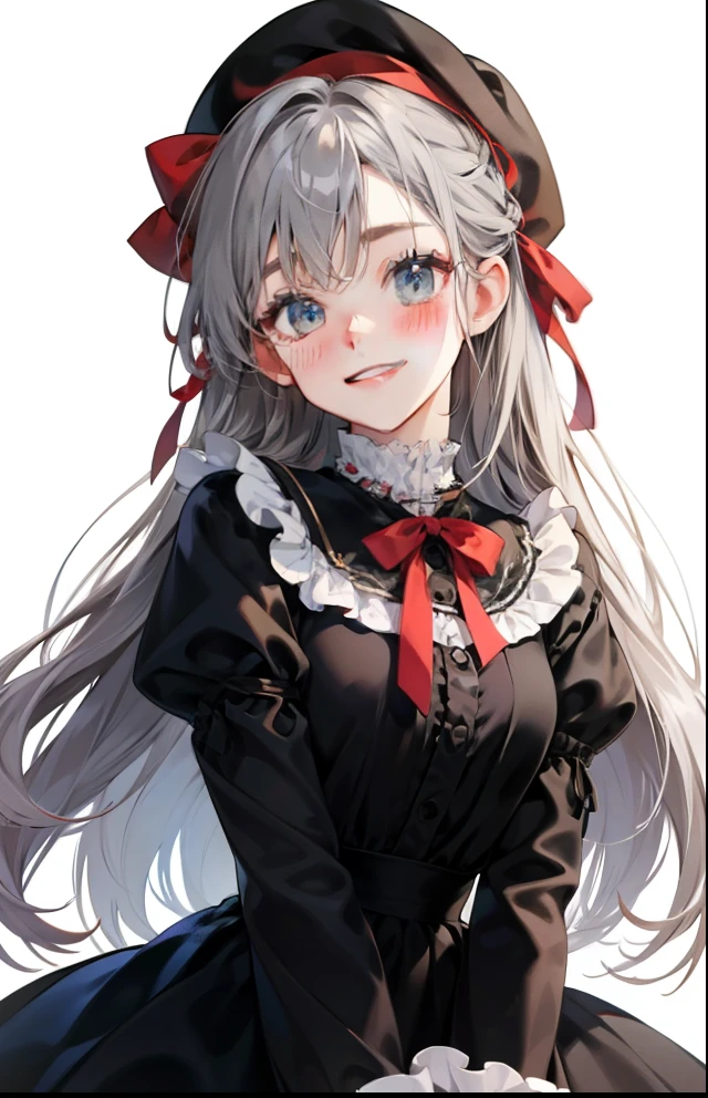 girl、white background、no background、gray hair、long hair、long hair、Contrasting bangs、black dress、black dress、red ribbon、frills、beret、赤いberetを被っている、blush、smile、cute、no background