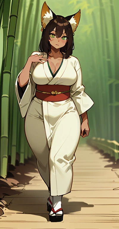 (((I want a Kitsune Woman alone, with brown skin, slightly curvy body and big chest, dark brown hair and lime green eyes, wearing a pretty kimono while walking in a bamboo grove))), detailed, error-free, 8k, high quality