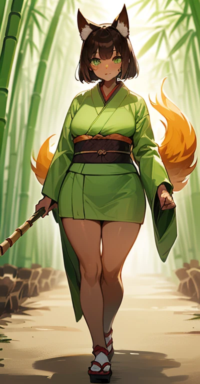 (((I want a Kitsune Woman alone, with brown skin, slightly curvy body and big chest, dark brown hair and lime green eyes, wearing a pretty kimono while walking in a bamboo grove)))
