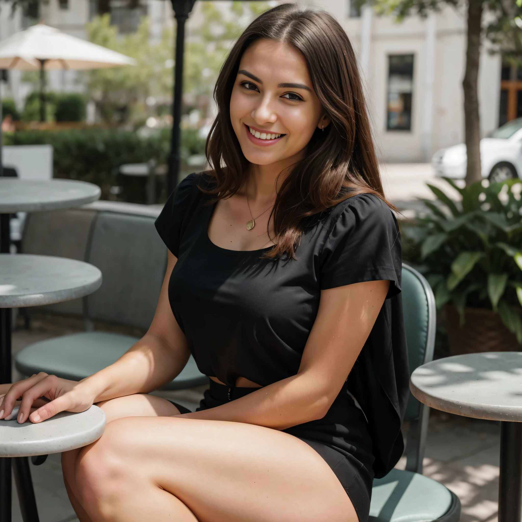 RAW, analog, Nikon Z 85mm,((best quality)), ((masterpiece)), ((realistic)),vintage image, gorgeous Black woman, 25 year old, posing outside at a cafe, sitting a a table with a latte, big smile with teeth showing, (freckles:0.6), intricate details, highly detailed, sharp focus, professional, 4k, god rays, hand model, stunning green eyes, petite, highres, detailed facial features, high detail, sharp focus, smooth, extremely detailed, photo_\(ultra\), photorealistic, realistic, post-processing, max detail, roughness, real life, ultra realistic, photorealism, 8k uhd, SEMHOUETTE light, russian face, red fitted blouse and black skirt, legs crossed)), roundy hips, hourglass figure, big glutes