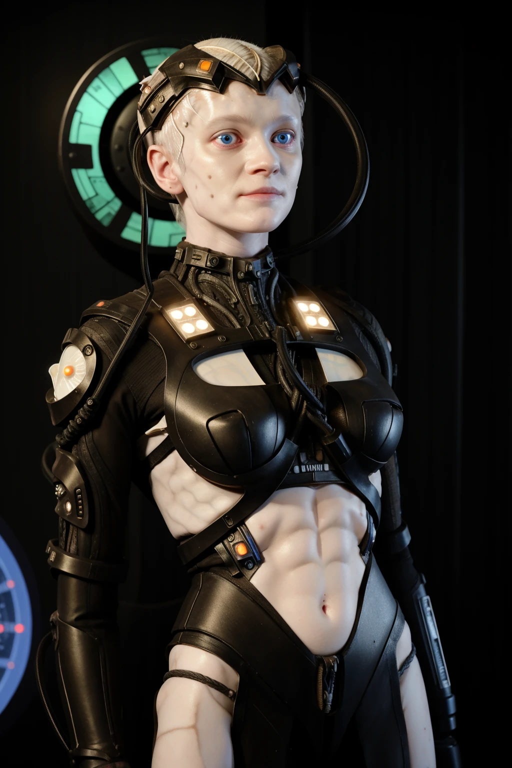 borg woman casey, (cable:1.4), 

[(pale white:.1) (Natural:1) (skin:1.3)::8]
[[(Natural:1.1) (pale white:.9) (skin:1.3):8]::16]
[(Natural:1) (pale white:1.3) (skin:1.3):16]
 [(with:.01) (beauty_marks:.01):6], 

[(bald:.15)::10], [blue eyes:6], [albino Nordic:8],  

(medium shot:1.4), (cybernetic:.05) (cyborg:.1) (bikini:1) (with laser led lights:1), busty, [borg implants::6], [assimilation, afraid::8]

[young:4], front light, fit, well lit, [sunny::12], bright, scifi starship background, [(led lights, laser lights:.01):8], detailed skin,  photograph, detailed, high resolution, RAW photo, in frame, 
[BREAK:8] [(light blonde hair:1.3):10],
[BREAK:8] 
[(many beauty_marks and:.01) (many light moles on her skin:1.2):8], 

[BREAK (light brown moles:.1):12]