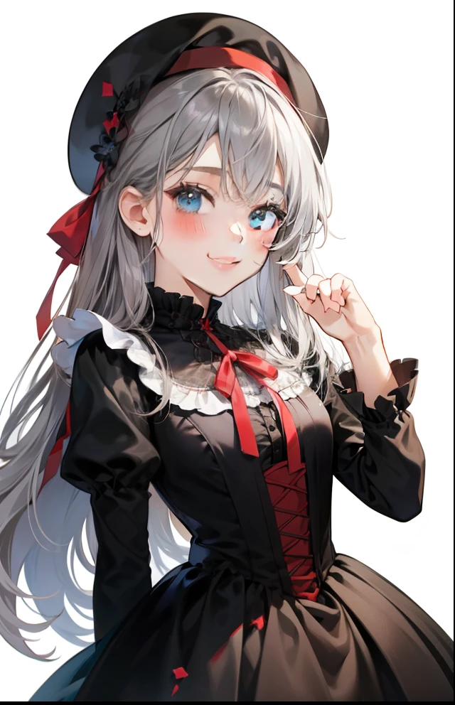 girl、white background、no background、gray hair、long hair、long hair、Contrasting bangs、black dress、black dress、red ribbon、frills、beret、赤いberetを被っている、blush、smile、cute、no background