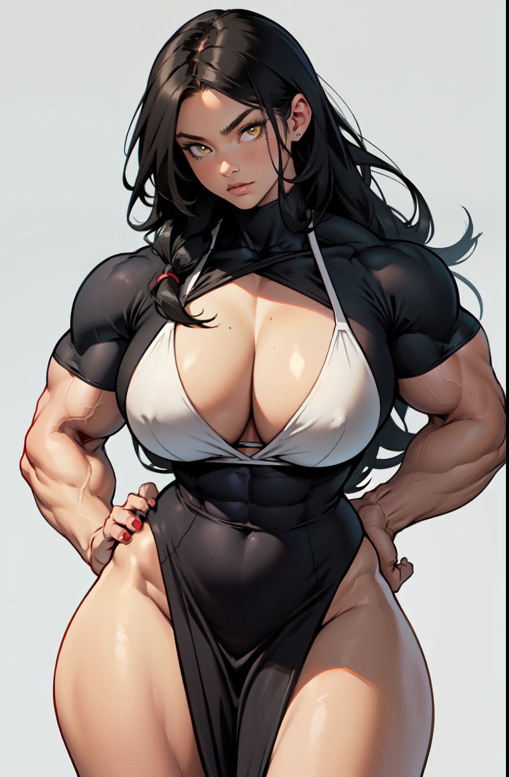 ((((1 girl)))), (((((muscular))))), huge tits, thick thighs, wide hips, curvy very long hair, black hair, yellow eyes, long dress, seductive expression, ((grey background))