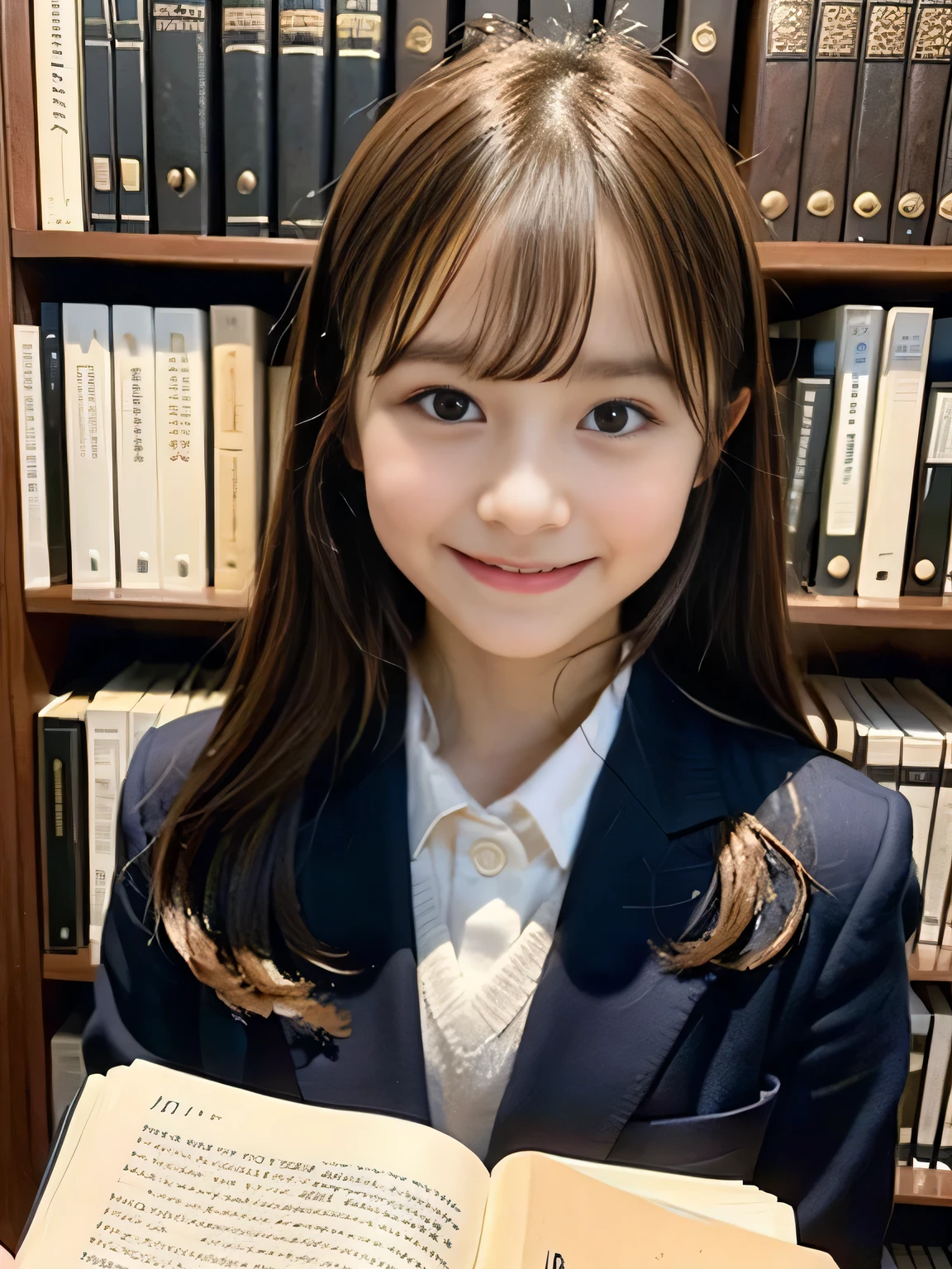 an American ，10 year old girl，Cute and hair，suit，Sitting in the library，Holding a book，looking directly at camera，close-up photo，The face area exceeds 1/Photo 4