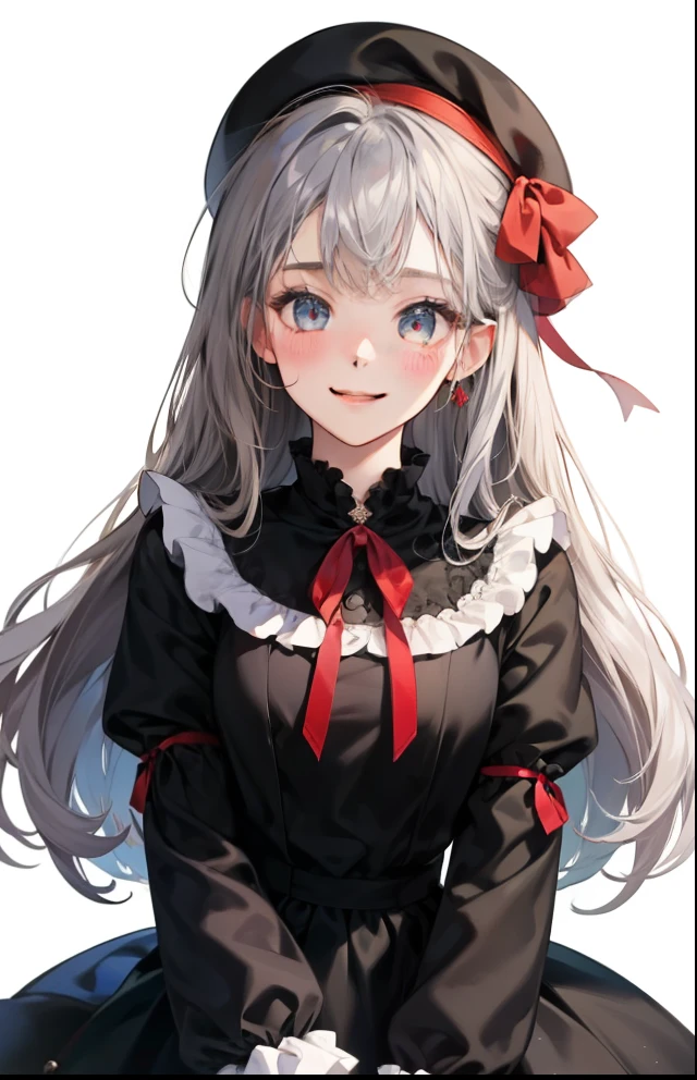girl、white background、no background、gray hair、long hair、long hair、Contrasting bangs、black dress、black dress、red ribbon、frills、beret、赤いberetを被っている、blush、smile、cute、no background