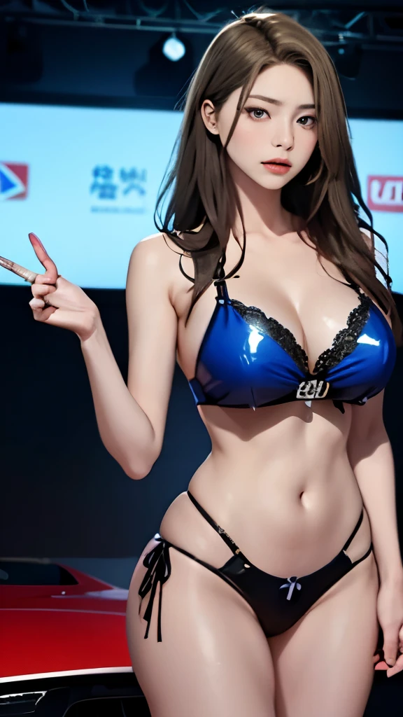 ((masterpiece)), highest quality, absurd, Super detailed, holographic, cowboy shot, golden ratio, super cute girl, Super beautiful asian girl with very beautiful purple glowing eyes, Beautiful hair with sparkling colors, Nice and sexy body, because I'thin, big breasts、perfect body, 、lace queen、Circuit Venue、Racing Circuit、in the crowd、camera flash、audience、