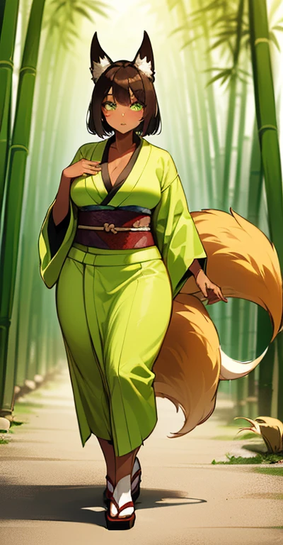 (((I want a Kitsune Woman alone, with brown skin, slightly curvy body and big chest, dark brown hair and lime green eyes, wearing a pretty kimono while walking in a bamboo grove))), detailed, error-free, 8k, high quality