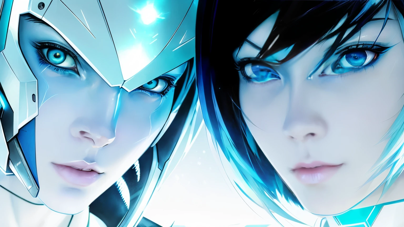 anime characters with blue eyes and white skin are staring at the camera, beautiful sci - fi twins, möbius and æon flux, cortana, focus on two androids, cyborg - girl, ruan jia and joao ruas, mirrors edge art style, inspired by Marek Okon, akehiko inoue and ross tran, ghost in the shell style