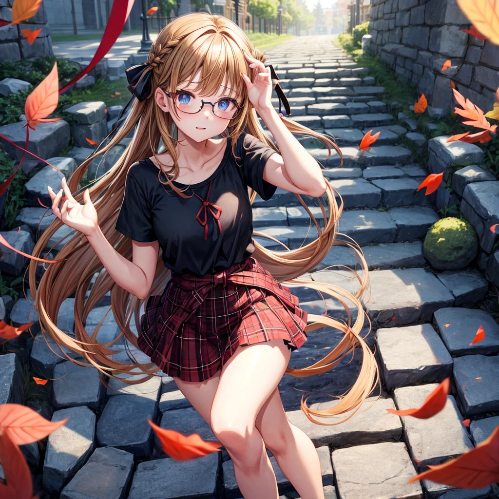 black brown hair、Red-blonde、blue eyes、Braid、one good looking girl、solo、anime、Plaid miniskirt、camisole、black t-shirt、Tilting your face、Doing the ribbon、Ribbon at waist、sunset sky、stone stairs、petal、tunnel、Fallen leaves、wearing glasses、Burning、Light and shadow、maze、balloon、monster castle、lanthanum、corridor、knee high