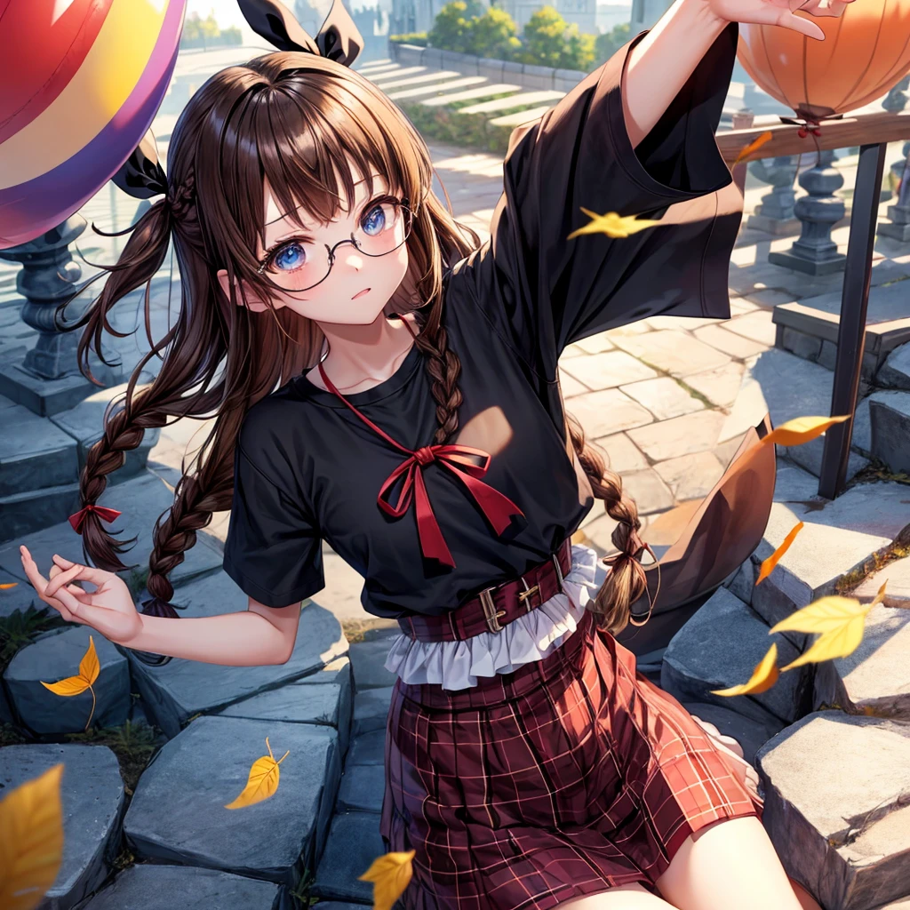 black brown hair、Red-blonde、blue eyes、Braid、one good looking girl、solo、anime、Plaid miniskirt、camisole、black t-shirt、Tilting your face、Doing the ribbon、Ribbon at waist、sunset sky、stone stairs、petal、tunnel、Fallen leaves、wearing glasses、Burning、Light and shadow、maze、balloon、monster castle、lanthanum、corridor、knee high