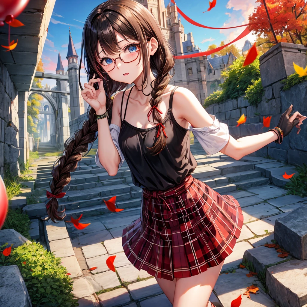 black brown hair、Red-blonde、blue eyes、Braid、one good looking girl、solo、anime、Plaid miniskirt、camisole、black t-shirt、Tilting your face、Doing the ribbon、Ribbon at waist、sunset sky、stone stairs、petal、tunnel、Fallen leaves、wearing glasses、Burning、Light and shadow、maze、balloon、monster castle、lanthanum、corridor、knee high