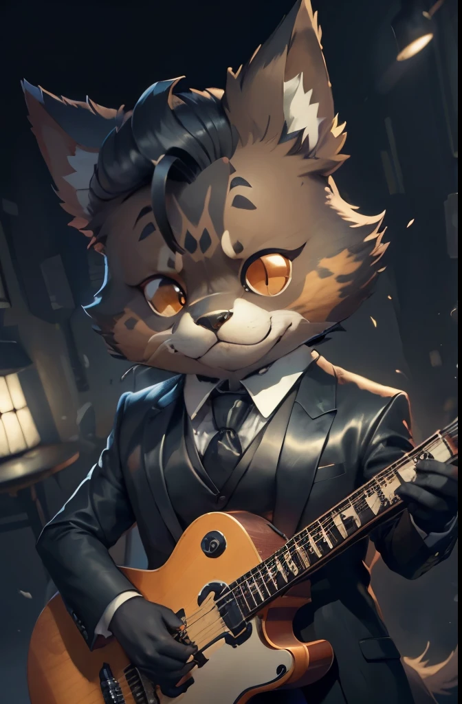 (man in black suit and tie)Cartoon playing electric guitar、anthropomorphic papillon dog