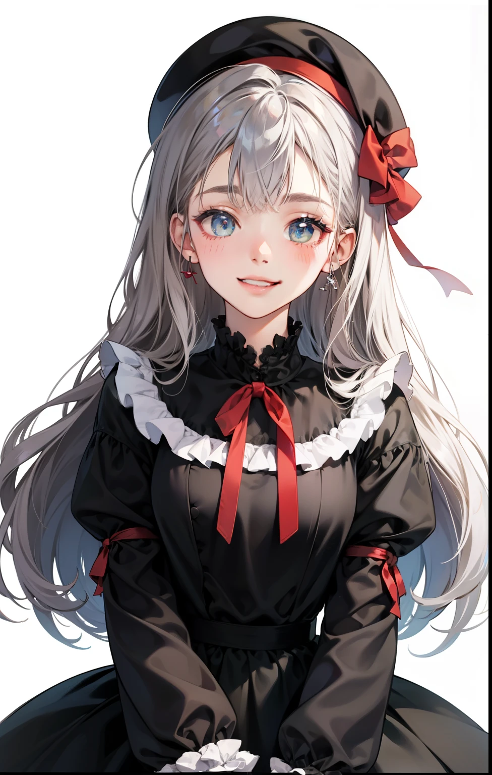 girl、white background、no background、gray hair、long hair、long hair、Contrasting bangs、black dress、black dress、red ribbon、frills、beret、赤いberetを被っている、blush、smile、cute、no background