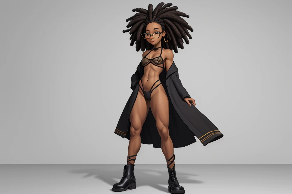 ((Estilo Vista de Corpo Inteiro, plano completo, Vista frontal)) 20 year old black woman with glasses , Art Vista de Corpo Inteiro, plano completo, Vista frontal, de personagem, pontos de vista, um personagem, corpo inteiro, personagem com menos, estilo de roupa, no mesmo Estilo de cabelo, less Type of footwear, FORTE )):: ((full body view, plano completo, Vista design de personagem, pontos de vista, de um personagem, corpo inteiro,, personagem com menos, estilo de roupa, no mesmo Estilo de cabelo, less Type of footwear)):: Uma mulher Moreno de uma mulher seios ,cabelo afro caindo para a frente, Tipo Rasta, but braided, com belos seios corpo perfeito com , a wide thigh is a beautiful woman, com seios lindos corpo perfeito, uma coxa larga, um destino com ,sexual expression, erotismo (fundo Branco liso ) obra-prima, 4K, HD, Ultra: (melhor qualidade, 4k, 8K, high resolution, arte: 1,2), ultradetalhada, (realista, fotorrealista, fotorrealista: 1,37)