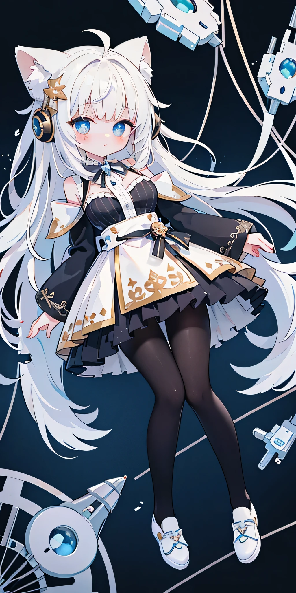 top quality，masterpiece，intricate details，super detailed，Highly detailed 8K wallpapers，（（machine girl）），（mechanical eyes），machine limbs，（removed mechanical limbs），The lower body is fully mechanized，working arm，cable connected to the head，cable connected to body，electronic circuit，factory，(white or black  pantyhose),（CG illustration）、（（Extremely refined and beautiful））、（cute and delicate face)，Blue and white hair，short sleeves，Off the shoulders，There is a gem inlaid on the forehead，blue bow，heterochromatic pupils，Double tail，shy，blush，，masterpiece，Top image quality，top quality，A big gem is embedded in the chest，super long hair，animal ears，white hair，exquisite eyes、beautiful girl、Plump cheeks，ribbon、kawaii、loli、leg rings，with headphones，cute big breasts，（（Wear sneakers））