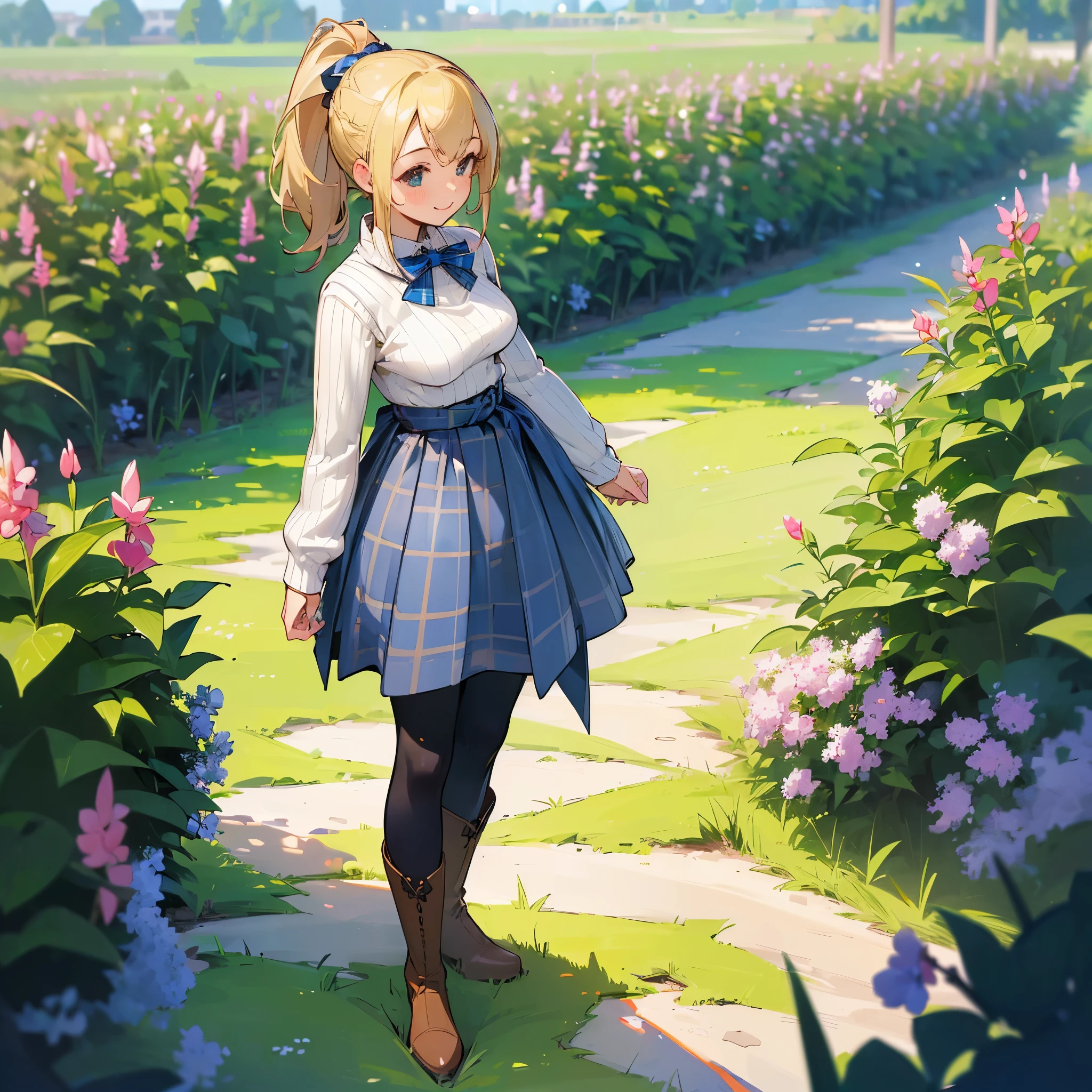 (high quality, high resolution, Super detailed, Reality:1.37), peaceful atmosphere, (outdoor, garden), girl standing alone, (My breasts are big.), Beautiful detailed features, cute smile, (Blonde ponytail), ribbed sweater, blue plaid skirt, Black tights, brown boots.