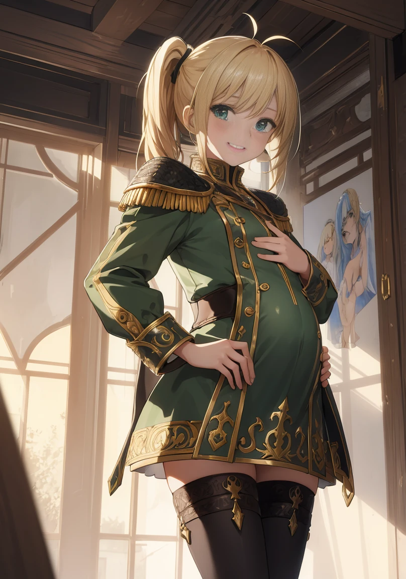 (fantasy:1.4), (anime), ((extremely detailed 8k illustration)), highres, (extremely detailed and beautiful background), ultra detailed painting, professional illustrasion, Ultra-precise depiction, Ultra-detailed depiction, (beautiful and aesthetic:1.2), HDR, (depth of field:1.4), (young girl), (WW2,green military costume,combat uniform,major), beautiful face and eyes, Beautiful hair, floating hair, shoulder length hair, (blonde hair), bobbed hair, pony tail, antenna hair, shiny skin, pretty, small stature, ( flat chest), grin, pregnant 