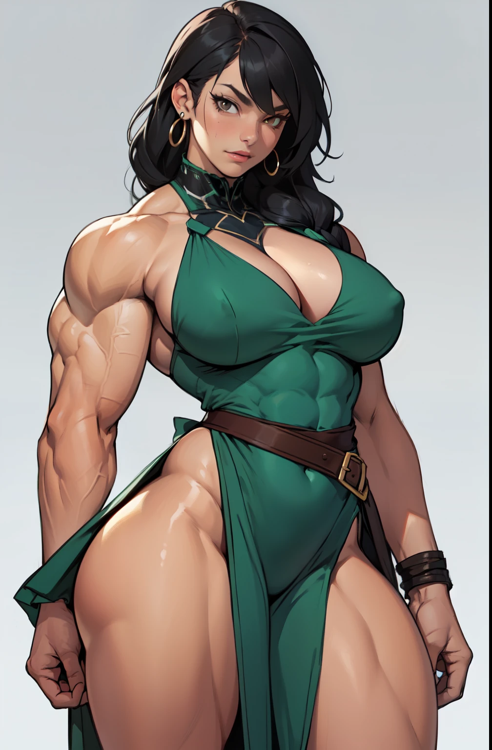 ((((1 girl)))), (((((muscular))))), huge tits, thick thighs, wide hips, curvy very long hair, black hair, yellow eyes, long dress, seductive expression, ((grey background))