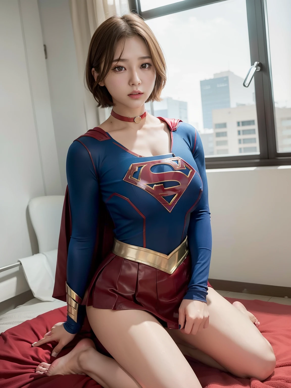masterpiece、supergirl costume、short hair、barefoot、big and full breasts、Abandoned hospital、operating table、straddle、Tattered、shiny、look at the camera、Seduce、choker、red mini skirt、long sleeve、Cowgirl