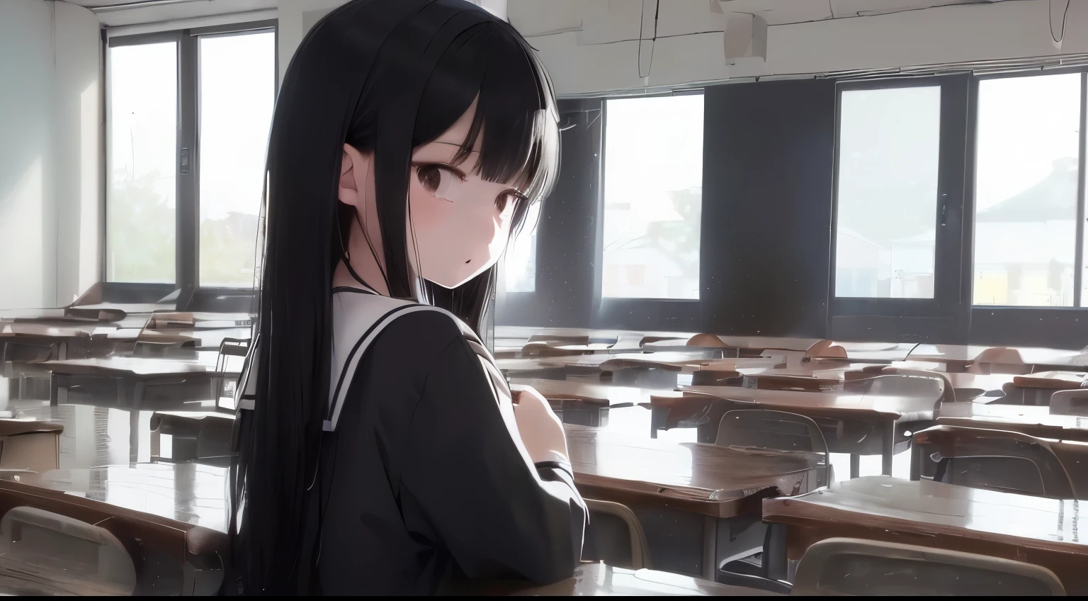 (very delicate and beautiful)anime style、waterlogged sailor suit、black hair、angle from behind、back、school desk、female、human、child、Disgusting、Creepy、scared、solo、(silhouette)、classroom background、lonely、slender body、long hair、Hollow parts、black background、uniform、Overall white and black composition、