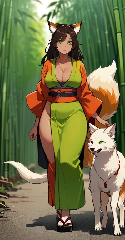 (((I want a Kitsune Woman alone, with brown skin, slightly curvy body and big chest, dark brown hair and lime green eyes, wearing a pretty kimono while walking in a bamboo grove))), detailed, error-free, 8k, high quality