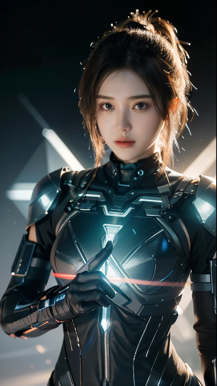 top quality, masterpiece, ultra high resolution, (lifelike: 1.4), original photo, 1 girl, black hair, shiny skin, 1 Mechanical Girl, (超lifelike细节)), portrait, global illumination, shadow, octane rendering, 8K, Super sharp, big deal, Cleavage exposed bare skin, Metal, intricate decorative details, Japan details, very intricate details, lifelike光线, CG trends, purple eyes, glowing eyes, face camera, Neon details, mechanical limbs, blood vessels connected to tubes, Mechanical vertebrae attached to the back, Cervical spine mechanical fixation in the neck, sitting, Wires and cables connected to the head, Gundam, small LED light,