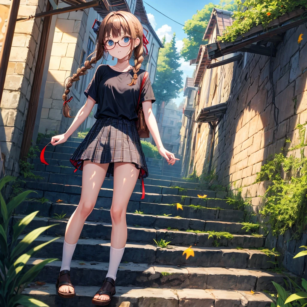 black brown hair、Red-blonde、blue eyes、Braid、one good looking girl、solo、anime、Plaid miniskirt、camisole、black t-shirt、Tilting your face、Doing the ribbon、Ribbon at waist、sunset sky、stone stairs、tunnel、Fallen leaves、wearing glasses、Burning、Light and shadow、maze、balloon、monster castle、lanthanum、corridor、socks、mossy stone