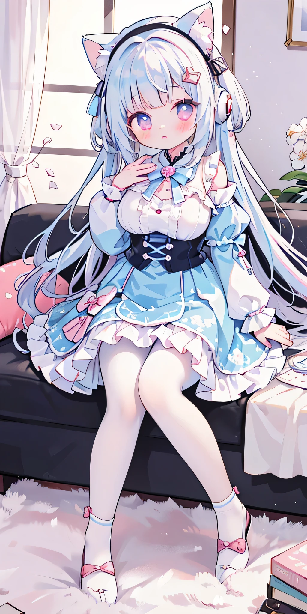 top quality，masterpiece，intricate details，super detailed，Highly detailed 8K wallpapers，(white or black  pantyhose),（CG illustration）、（（Extremely refined and beautiful））、（cute and delicate face)，Blue and white hair，ear，pink eyes，pink lolita，white socks，pink bow，indoor，light blue hair，猫ear，pink eyes，light blue lolita，white socks，pink bow，in the room，Sitting on the sofa，Live broadcast room，short sleeves，Off the shoulders，There is a gem inlaid on the forehead，blue bow，heterochromatic pupils，Double tail，shy，blush，，masterpiece，Top image quality，top quality，A big gem is embedded in the chest，super long hair，动物ear，white hair，exquisite eyes、beautiful girl、Plump cheeks，ribbon、kawaii、loli、leg rings，with headphones，cute big breasts，（（Wear sneakers））