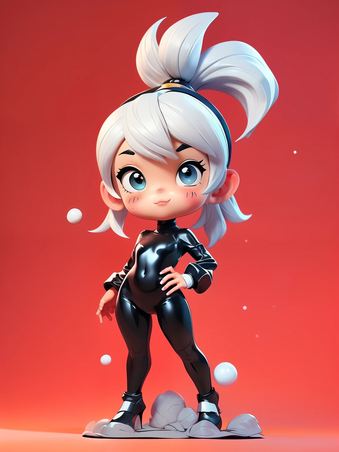 1 cute , POPMART blind box design, white hair, double ponytail, black tights, black jumpsuit, bodysuit, navel, Update, (standing: 1.3), (chaili), boundary, (Hand: 1.4), Mecha jumpsuit, simple background