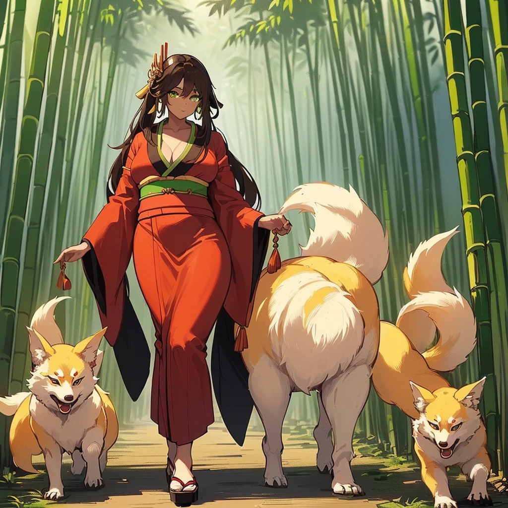 (((I want a Kitsune Woman alone, with brown skin, slightly curvy body and big chest, dark brown hair and lime green eyes, wearing a pretty kimono while walking in a bamboo grove))), detailed, error-free, 8k, high quality