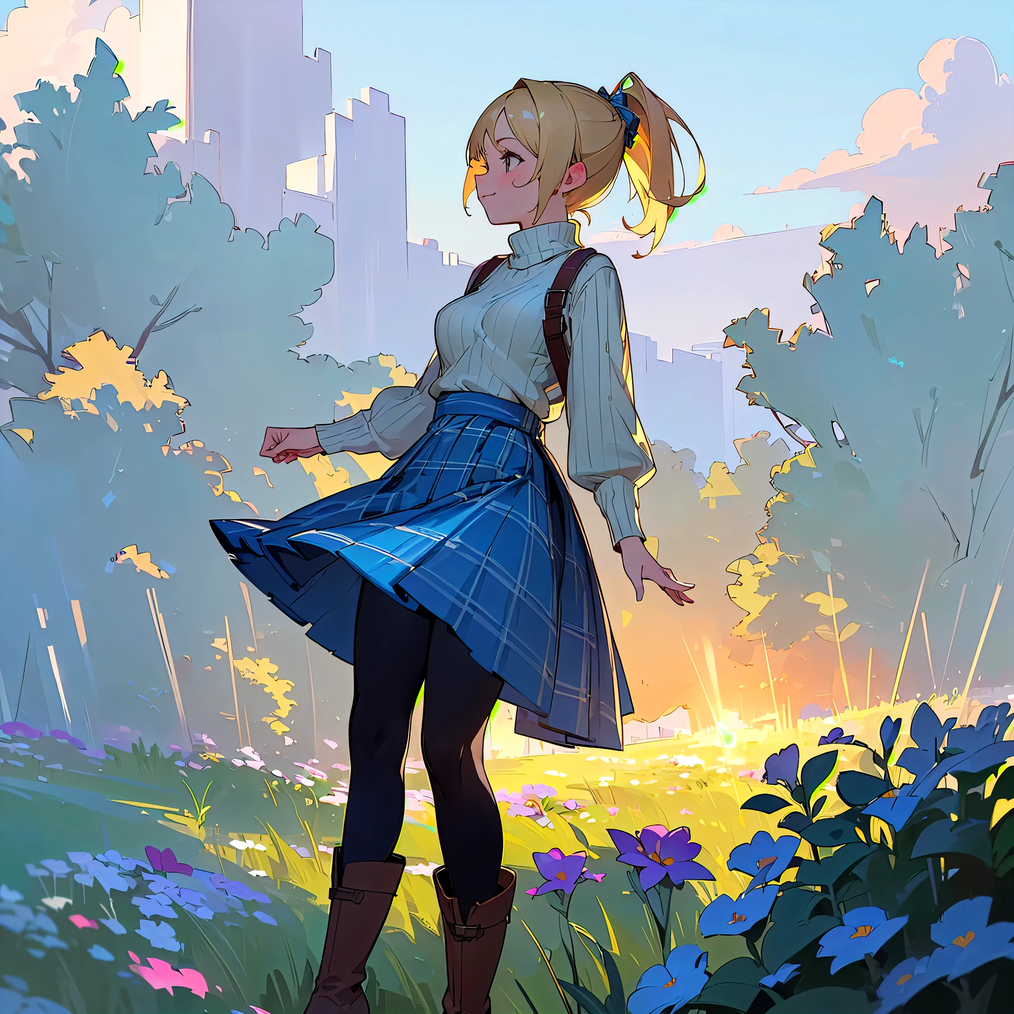 (high quality, high resolution, Super detailed, Reality:1.37), peaceful atmosphere, (outdoor, garden), age girl standing alone, (My breasts are big.), Beautiful detailed features, cute smile, (Blonde ponytail), ribbed sweater, blue plaid skirt, Black tights, brown boots.