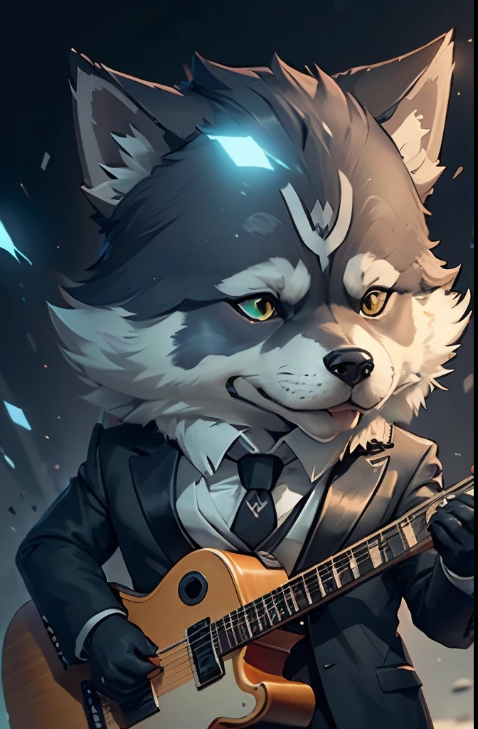 (man in black suit and tie)Cartoon playing electric guitar、Anthropomorphic Siberian Husky Dog