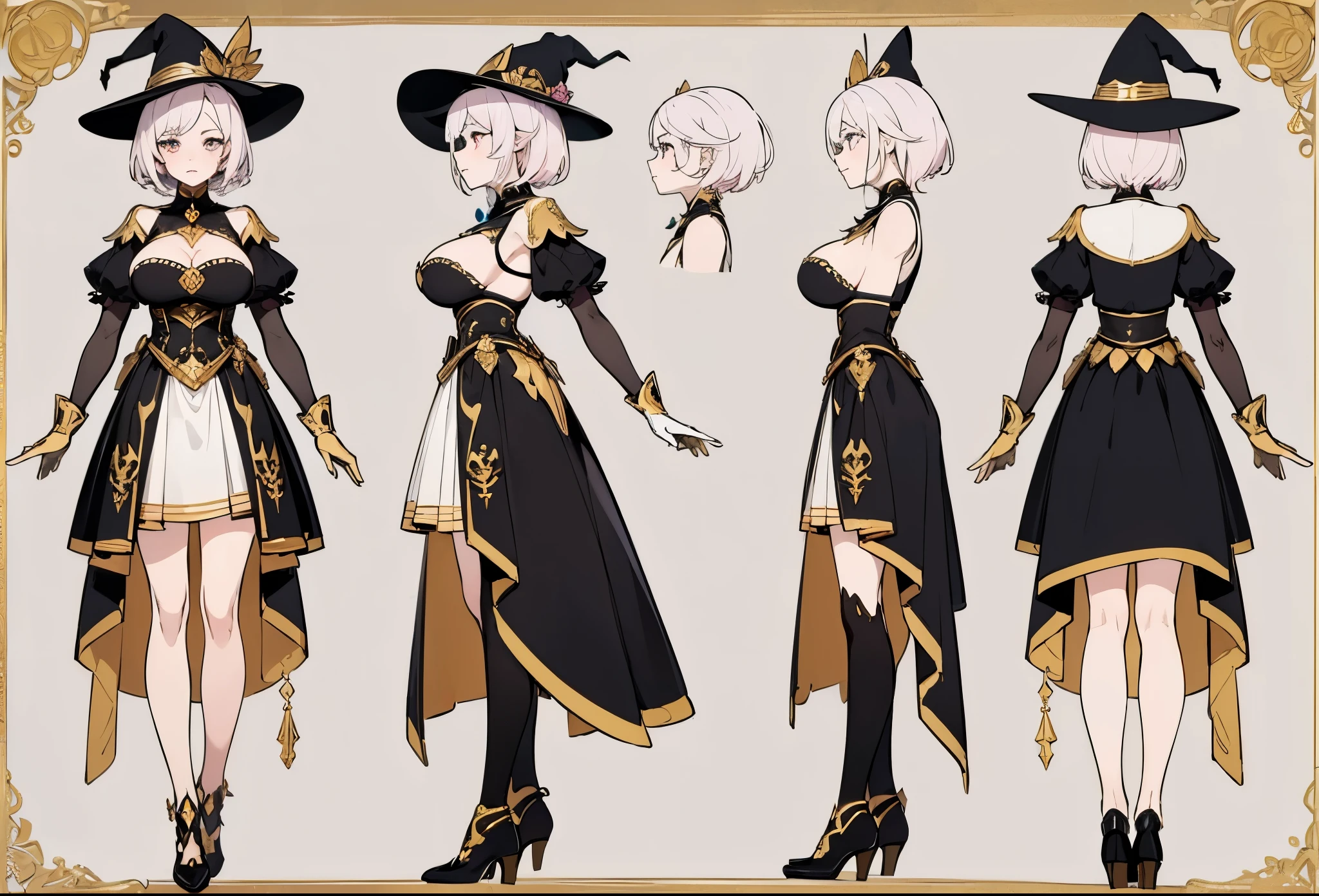 ((masterpiece, top quality)), (detailed face, character sheets, full body, full of details, Multiple poses and expressions, highly detailed, Depth, many parts)((huge breasts)) 1 beautiful girl, pink lips , short white hair, white skin, black fantasy witch costume with gold trim, gloves with gold trim, black witch hat with gold trim, witch accessories, expressionless
