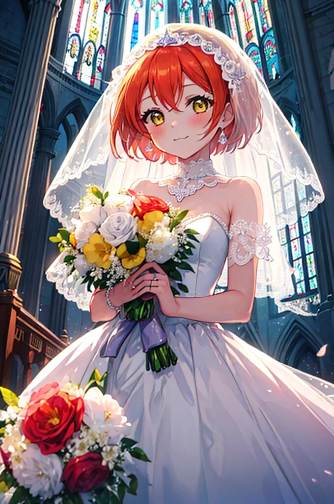 highest quality, masterpiece, High resolution, alone, {Starry Sky Rin　lovelive:1.15}, long hair, red orange hair, smile, yellow eyes, blush, smile, 1 girl, viewer, :3,Wedding dress,veil,bouquet,church,chapel,