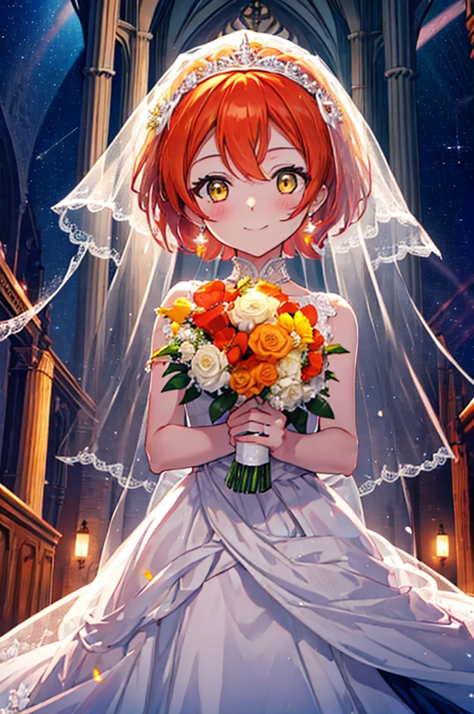 highest quality, masterpiece, High resolution, alone, {Starry Sky Rin　lovelive:1.15}, long hair, red orange hair, smile, yellow eyes, blush, smile, 1 girl, viewer, :3,Wedding dress,veil,bouquet,church,chapel,