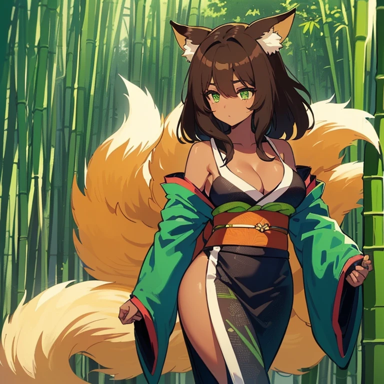 (((I want a Kitsune Woman alone, with brown skin, slightly curvy body and big chest, dark brown hair and lime green eyes, wearing a pretty kimono while walking in a bamboo grove))), detailed, error-free, 8k, high quality