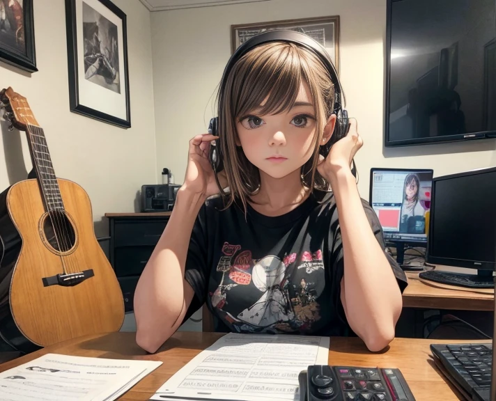  a girl with short hair, fringe,brown hair and lilac locks, White skin, green eyes, sitting in a voice recording studio with headphones