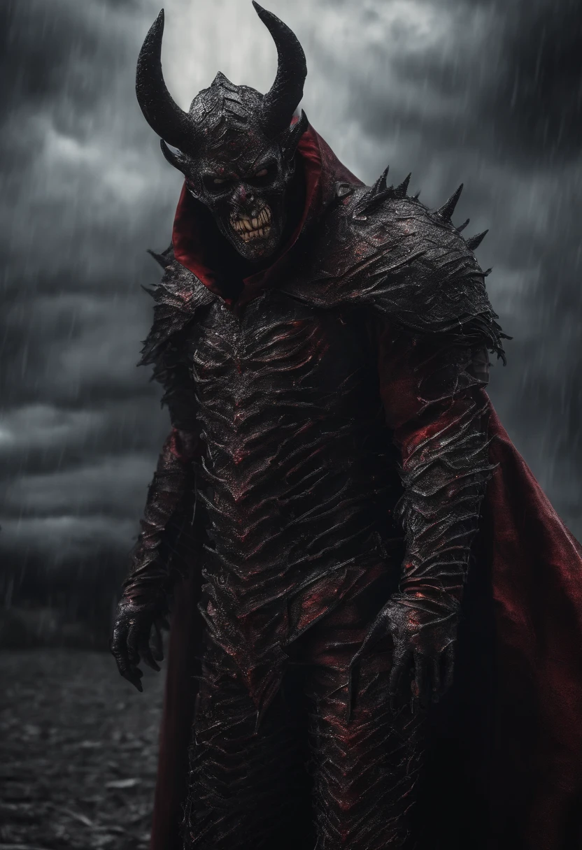 demon male, big fat, (fat), red cape, fullplate armor, tungsten metal armor plates, standing, (sinister smile), by john wilhelm, (best quality, masterpiece, award winning:1.4)