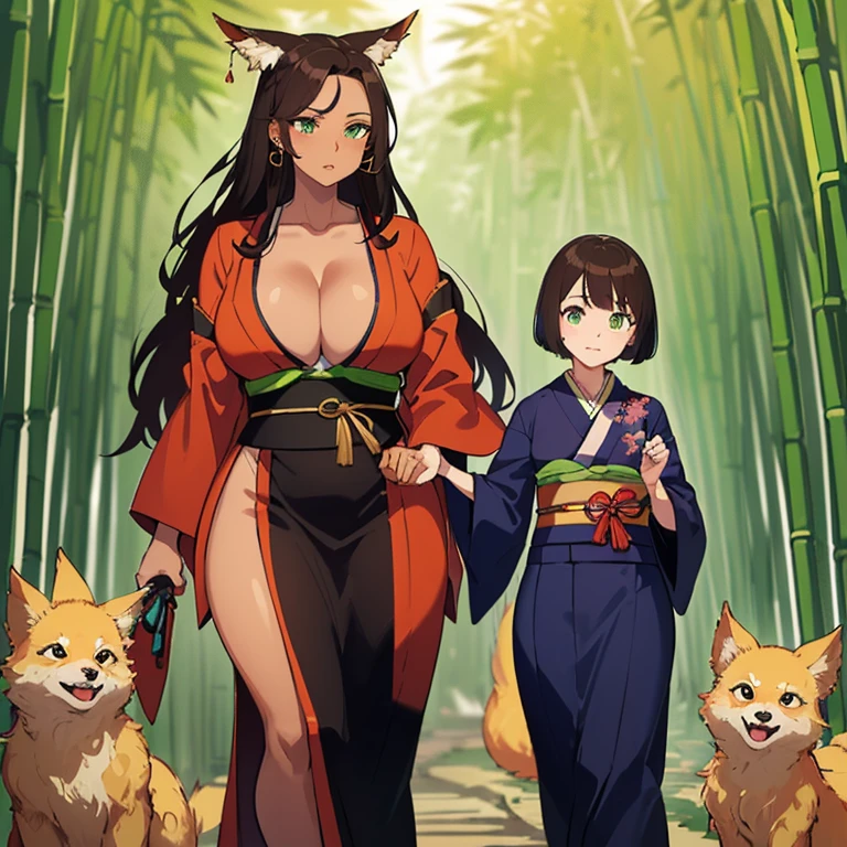 (((I want a Kitsune Woman alone, with brown skin, slightly curvy body and big chest, dark brown hair and lime green eyes, wearing a pretty kimono while walking in a bamboo grove))), detailed, error-free, 8k, high quality