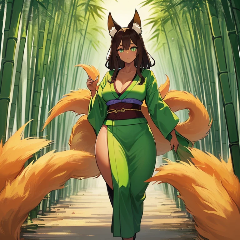 (((I want a Kitsune Woman alone, with brown skin, slightly curvy body and big chest, dark brown hair and lime green eyes, wearing a pretty kimono while walking in a bamboo grove))), detailed, error-free, 8k, high quality
