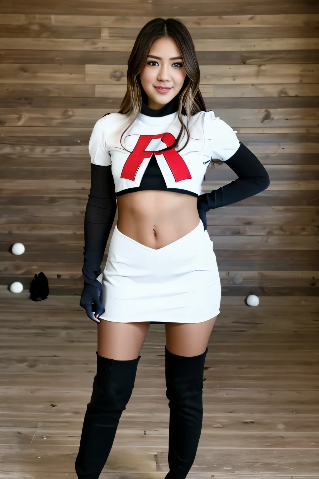 Realistic portrait of a beautiful k4t3upt0n woman wearing team rocket,team rocket uniform,white skirt,red letter R,crop top,black thigh-highs,black elbow gloves,