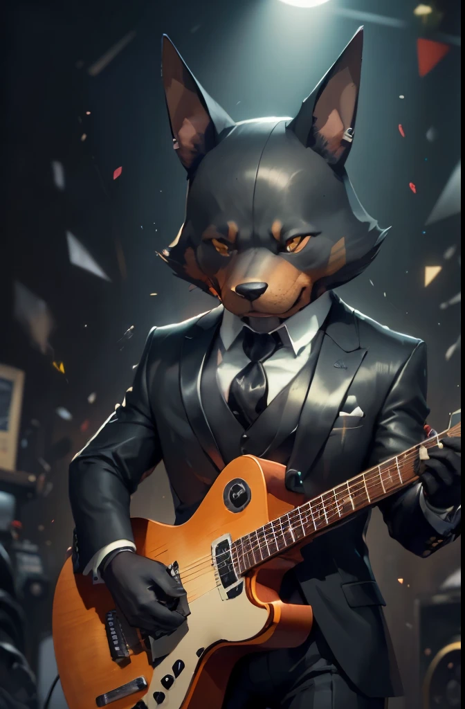 (man in black suit and tie)Cartoon playing electric guitar、Anthropomorphic Doberman dog
