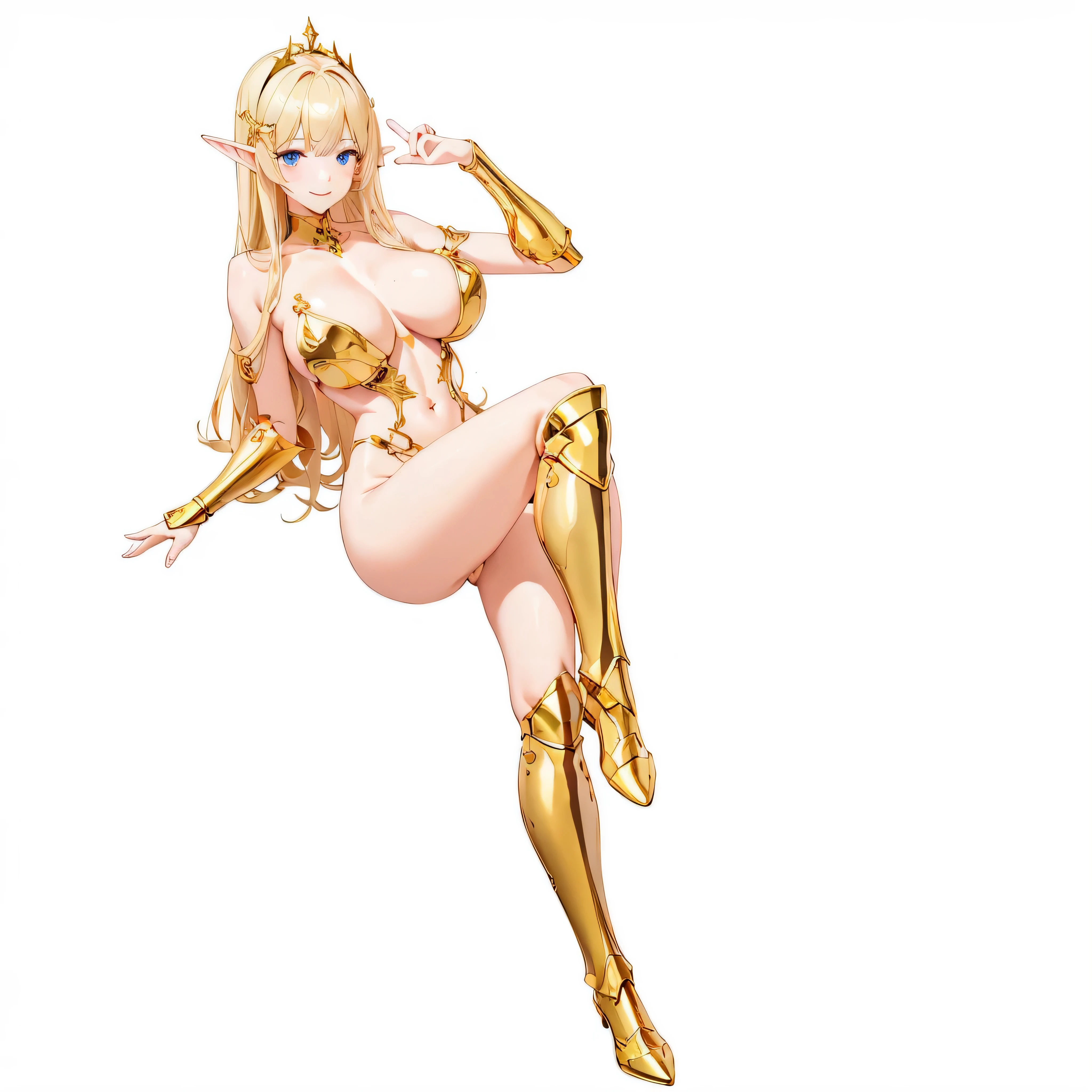 masterpiece、highest quality、very detailed、High resolution、16k、I can see your nipples、Teetoob proportions、goblinの女の子、Golden armor has a shine、extremely transparent skirts、black panties、very white skin、beautiful fingers、Anime girl with very big breasts posing naked、perfect style、goblin、No bra、blonde blue eyes、cool smile、slim the contours