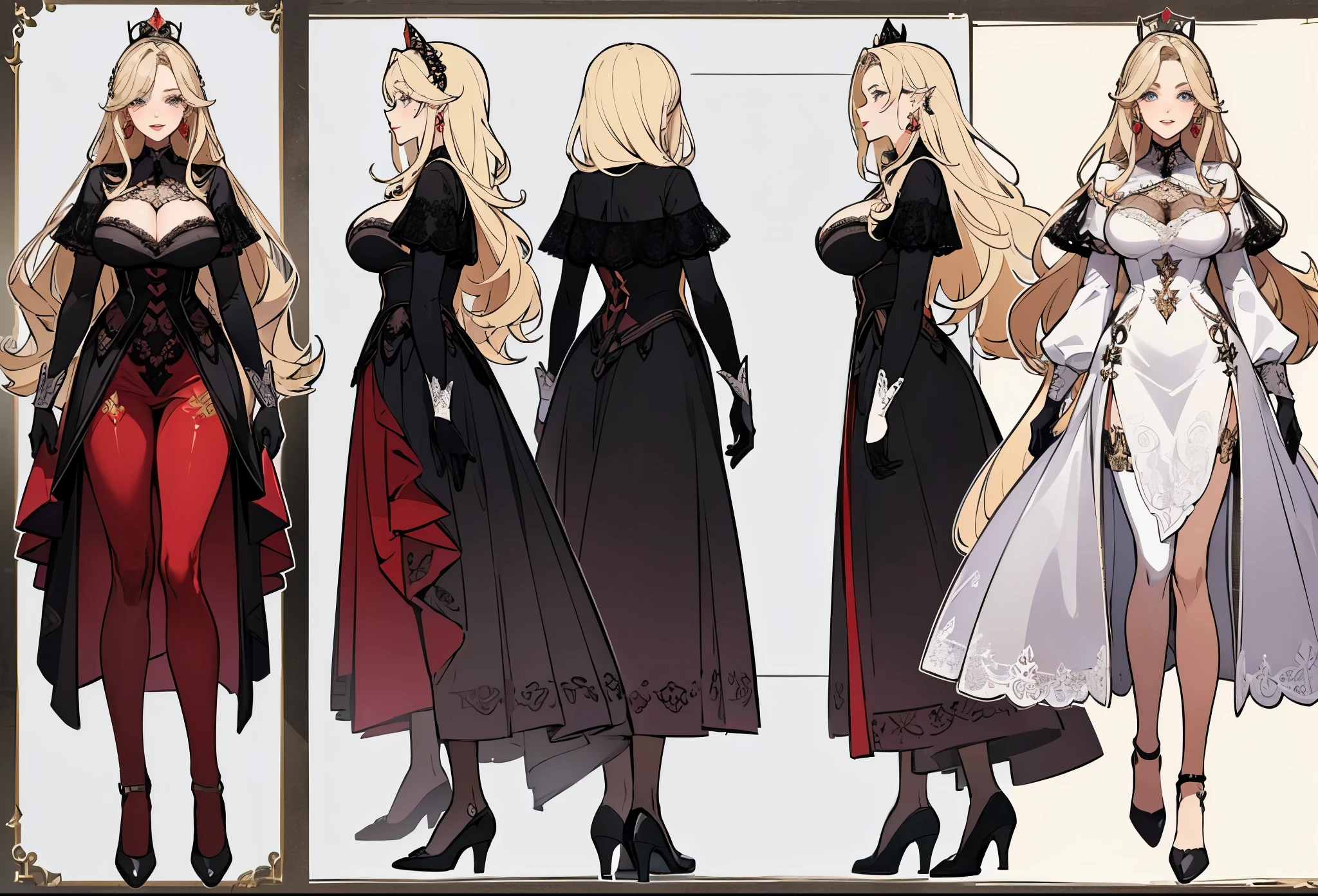 ((masterpiece, top quality)), (detailed face, character sheets, full body, full of details, Multiple poses and expressions, highly detailed, Depth, many parts)((huge breasts)) 1 beautiful mature woman, hair very long blonde with many curls, red lips, black queen costume with very detailed lace, black gloves and stockings with very detailed lace, fantasy crown. ., earrings, seductive smile
