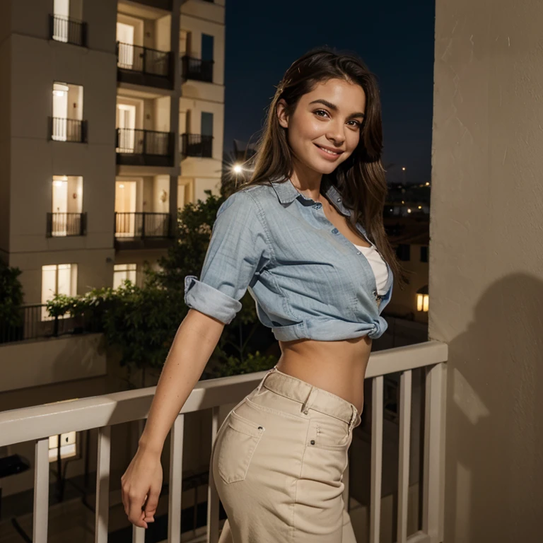 Female 25 years old, grandes pechos, muslos apretados, melena recogida, riendo, sonrisa muy bella, atractiva, cara inocente, extremadamente guapa, night lighting, balcony of a building, vistas de los rascacielos de la ciudad, champagne, brindando, pants with buttoned shirt, con escote, with a hand wedge, botellas en una mesa