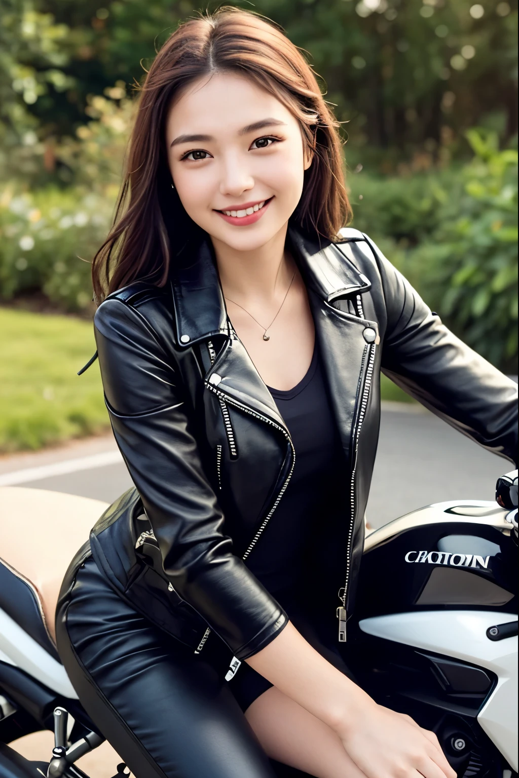 smile、leather jacket、30-year-old slim long-haired woman riding a motorcycle、clear image