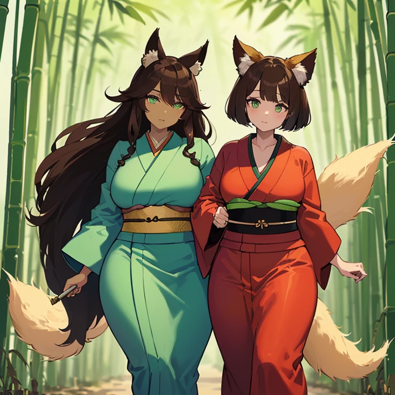 (((I want a Kitsune Woman alone, with brown skin, slightly curvy body and big chest, dark brown hair and lime green eyes, wearing a pretty kimono while walking in a bamboo grove))), detailed, error-free, 8k, high quality