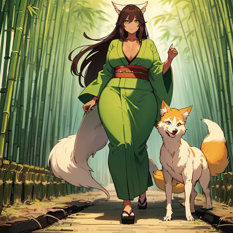 (((I want a Kitsune Woman alone, with brown skin, slightly curvy body and big chest, dark brown hair and lime green eyes, wearing a pretty kimono while walking in a bamboo grove))), detailed, error-free, 8k, high quality