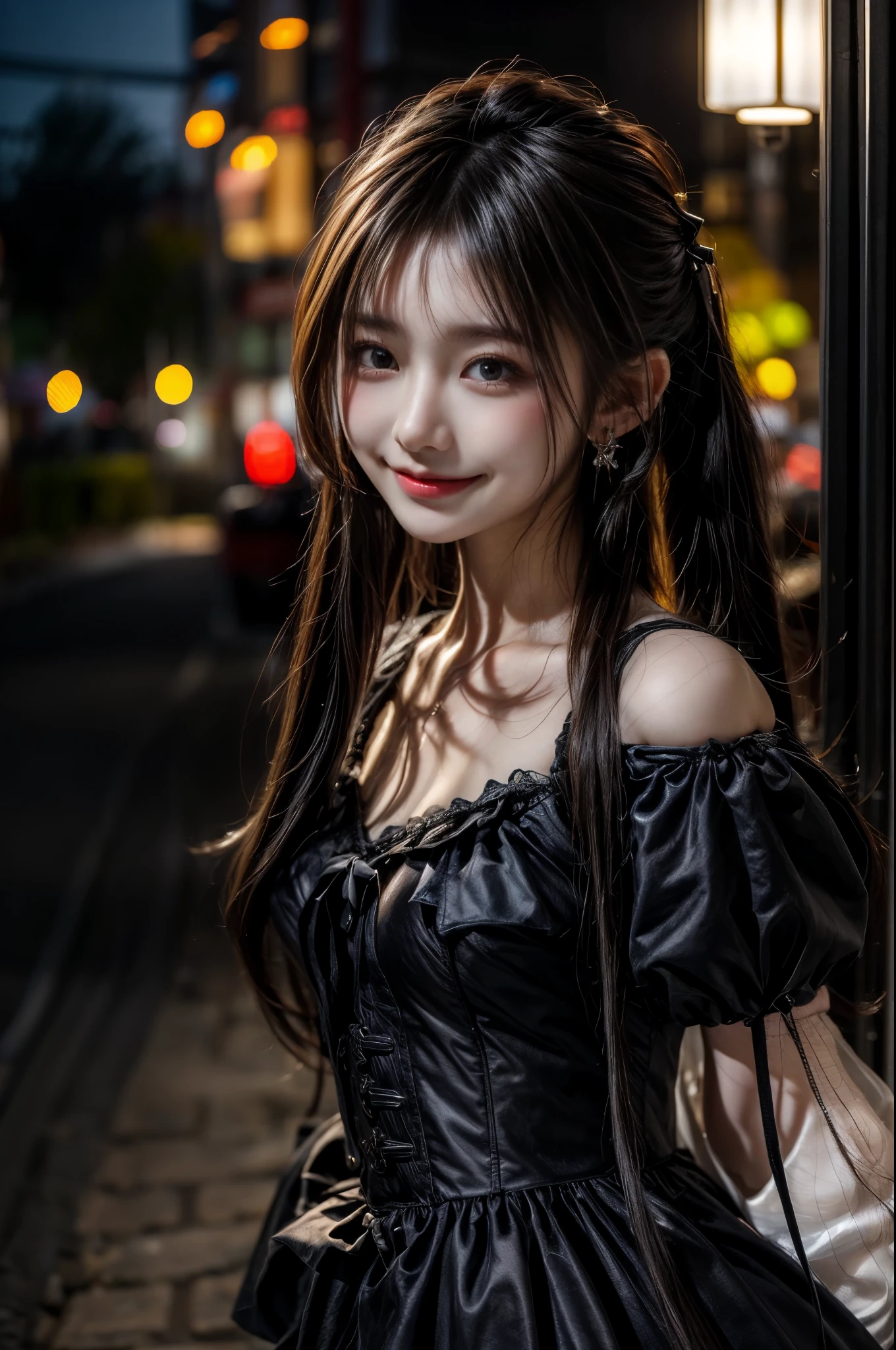 1 girl, very bright backlight, alone, {beautiful and detailed eyes}, big breasts, dazzling moonlight, calm expression, natural soft light, hair blowing in the wind, delicate features, dull bangs, beautiful korean girl, with a smile in your eyes, very small earrings,(wearing a black lolita dress:1.3) ,16 years old, film grain, real hand,shy smile,sexy pose